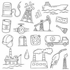oil and gas industry doodle hand drawn set collections with outline black and white style © ribkhan