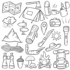 camping concept doodle hand drawn set collections with outline black and white style