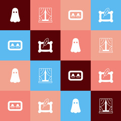 Set pop art Ghost, Window with curtains, Earplugs storage box and Pillow icon. Vector