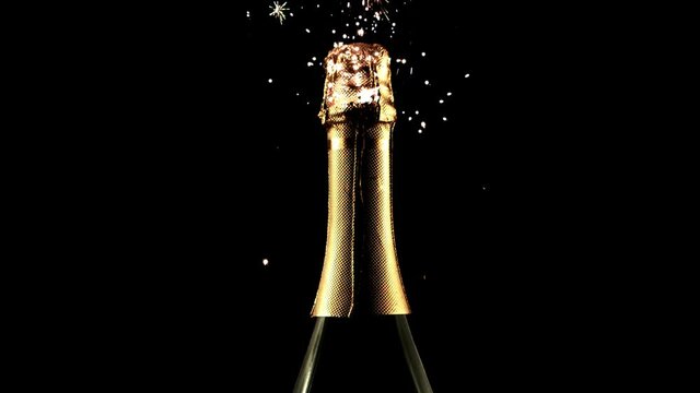 Super slow motion bottle of champagne with fireworks on a black background. Filmed on a high-speed camera at 1000 fps.High quality FullHD footage