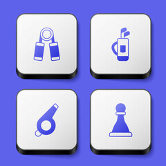 Set Sport expander, Golf bag with clubs, Whistle and Chess icon. White square button. Vector