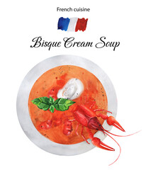Bisque puree soup with crayfish. Watercolor illustration on white background.