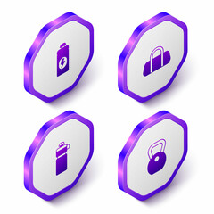 Set Isometric Fitness shaker, Sport bag, and Weight icon. Purple hexagon button. Vector