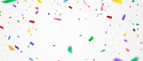 Celebration background template with confetti and colorful ribbons.