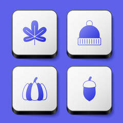 Set Chestnut leaf, Winter hat, Pumpkin and Acorn icon. White square button. Vector