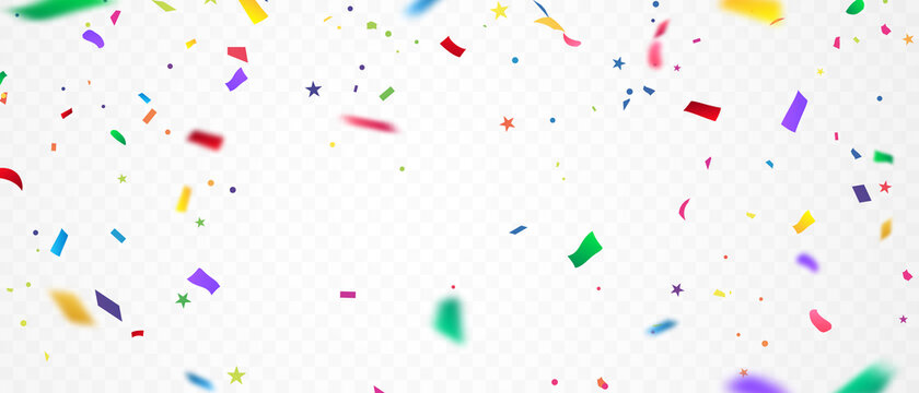 Celebration Background Template With Confetti And Colorful Ribbons.