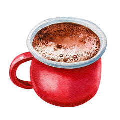 Red cup coffee, cocoa watercolor drawing