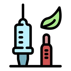 Syringe ampoule and leaf icon. Outline syringe ampoule and leaf vector icon color flat isolated