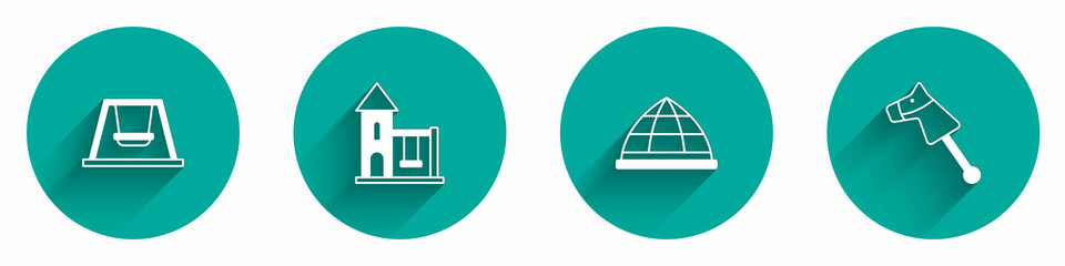 Set Swing for kids, Playground climbing equipment and Toy horse icon with long shadow. Vector