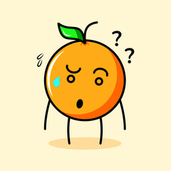 cute orange character with leaf, confused expression. cartoon, emoticon, modern, fresh, outline and mascot logotype. suitable for logo, icon and sign