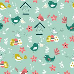 Cute little birds seamless pattern with floral on green background