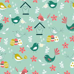 Cute little birds seamless pattern with floral on green background