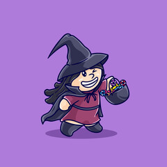 Little Girl in Witch Costume Brings Candy at Halloween Event