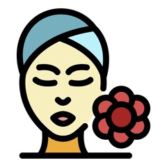 Female face and flower icon. Outline female face and flower vector icon color flat isolated