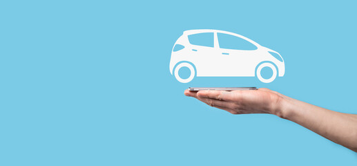 Digital composite of Man holding car icon.Car automobile insurance and car services concept....