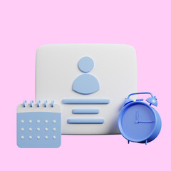 3d illustration of profile with time concept with calendar, alarm clock