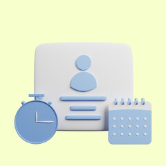 3d illustration of profile with time concept with clock, calendar