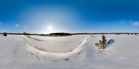 Amazing landscape with blue sky sun snow river trees at winter 3D spherical panorama with 360 degree viewing angle Ready for virtual reality vr Full equirectangular projection