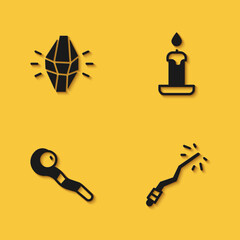 Set Magic stone, wand, staff and Burning candle icon with long shadow. Vector