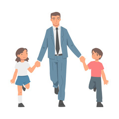 Dad Businessman Wearing Suit and Tie Holding Holding Hands with His Son and Daughter Vector Illustration