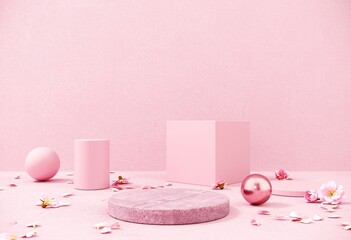 Holiday greeting card for Valentine's Day - 3d, render with copy space on February 14, March 8. Premium podium, stand on pastel, light background.Studio with pink hearts, symbol of love. 