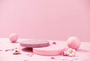 Holiday greeting card for Valentine's Day - 3d, render with copy space on February 14, March 8. Premium podium, stand on pastel, light background.Studio with pink hearts, symbol of love. 