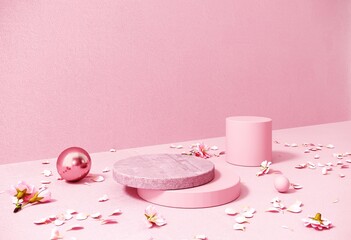 Holiday greeting card for Valentine's Day - 3d, render with copy space on February 14, March 8. Premium podium, stand on pastel, light background.Studio with pink hearts, symbol of love. 