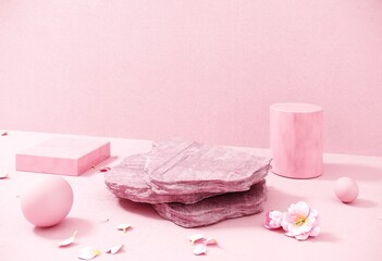 Obraz na płótnie Canvas Holiday greeting card for Valentine's Day - 3d, render with copy space on February 14, March 8. Premium podium, stand on pastel, light background.Studio with pink hearts, symbol of love. 