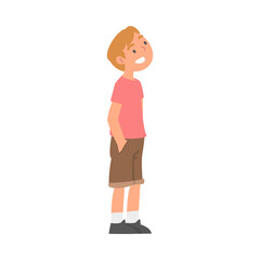 Happy Little Boy Standing Looking Up Having His Hands in His Pockets Vector Illustration
