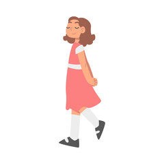 Happy Little Girl in Pretty Dress Walking Vector Illustration