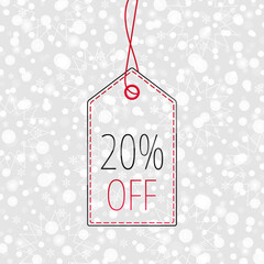 20% off sign. Shopping tag. Vector icon with snow Christmas pattern. Snowflake winter background. Red black label for winter sale, discount