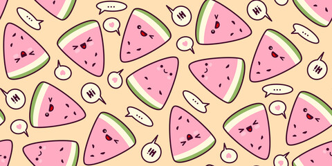 Watermelon seamless pattern in cartoon style. Kawaii fruit print. Kawaii watermelon slices with facial expressions and speech bubbles pattern.