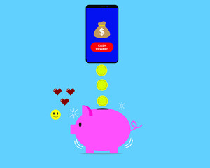 A vectorof smartphone transferring money to piggy bank with cash reward button. Banking giving reward to the customer for any only transaction.
