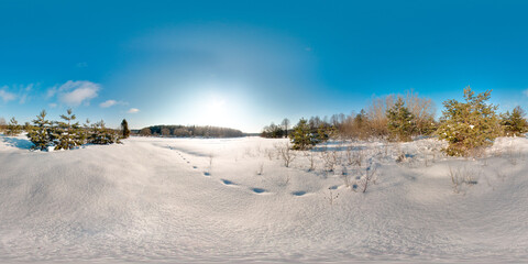 Amazing landscape with blue sky sun snow river trees at winter 3D spherical panorama with 360...