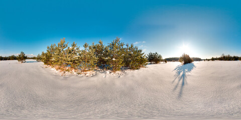 Amazing landscape with blue sky sun snow trees at winter 3D spherical panorama with 360 degree viewing angle Ready for virtual reality vr Full equirectangular projection