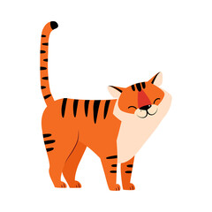 Standing Striped Tiger with Orange Fur and Upward Tail Vector Illustration