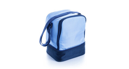 Blue bag. Camping freezer, cooler box for cold lunch food isolated on white background. Blue bag...