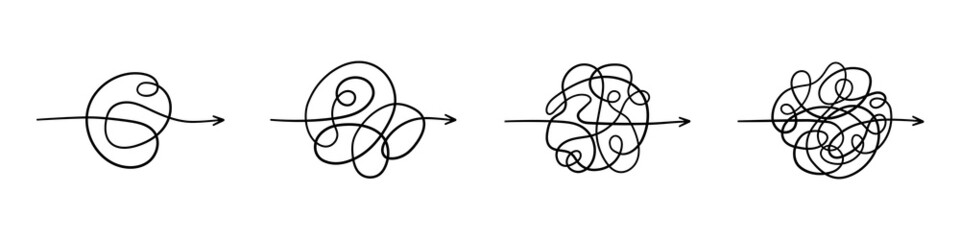 Simplifying process. Chaos path. Different complexity of the business process. Chaos lines with arrows. Hand drawn doodle vector illustration isolated on white background.