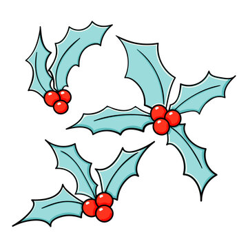 Holly doodle vector sketches Christmas set. Winter flowers illustration collection. Blue mistletoe with red flowers bright trendy illustration isolated on white background