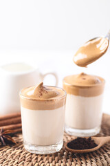 Dalgona coffee, Fluffy cream coffee whipping on iced or hot milk, Korean coffee style