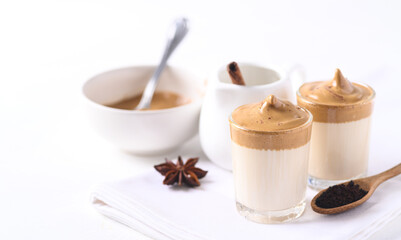 Dalgona coffee, Fluffy cream coffee whipping on iced or hot milk, Korean coffee style