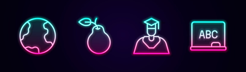 Set line Earth globe, Pear, Graduate and graduation cap and Chalkboard. Glowing neon icon. Vector