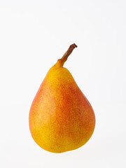 Yellow ripe pear with an isolated leaf on a white background. A Path For Pruning Pears. Professional studio photography