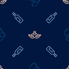Set line Olives, Bottle of wine and Carnival mask on seamless pattern. Vector