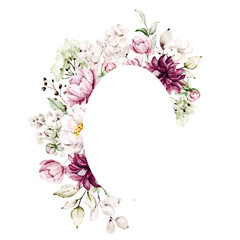 Wreath, floral frame, watercolor flowers, Illustration hand painted. Isolated on white background. Perfectly for greeting card design.
