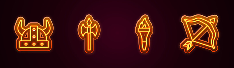 Set line Viking in horned helmet, Medieval axe, Torch flame and bow and arrow. Glowing neon icon. Vector