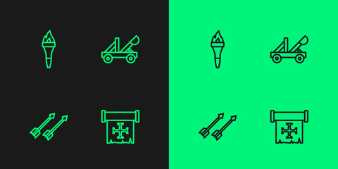 Set line Crusade, Medieval arrows, Torch flame and catapult icon. Vector