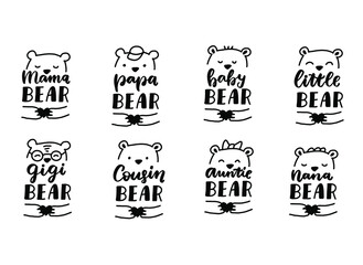 Mama bear, papa bear, baby bear. Family matching quotes set. Kinsfolk family outfit t shirt design print. Modern calligraphy. Doodle illustration