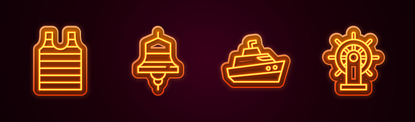 Set line Striped sailor t-shirt, Ship bell, Speedboat and steering wheel. Glowing neon icon. Vector