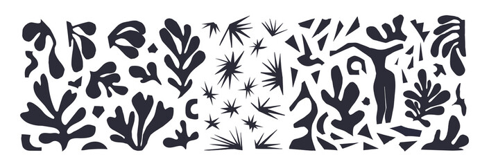 A set of abstract plants and different shapes inspired by Matisse. Vector illustration black on white paper cutouts isolated on blue background. Female figure, stars, algae scraps of cut paper.